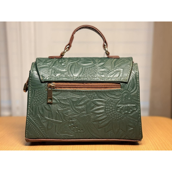 Dark Forest Green Sunflower Embossed Tooled Artisan LEATHER Crossbody Bag Purse - Picture 9 of 16